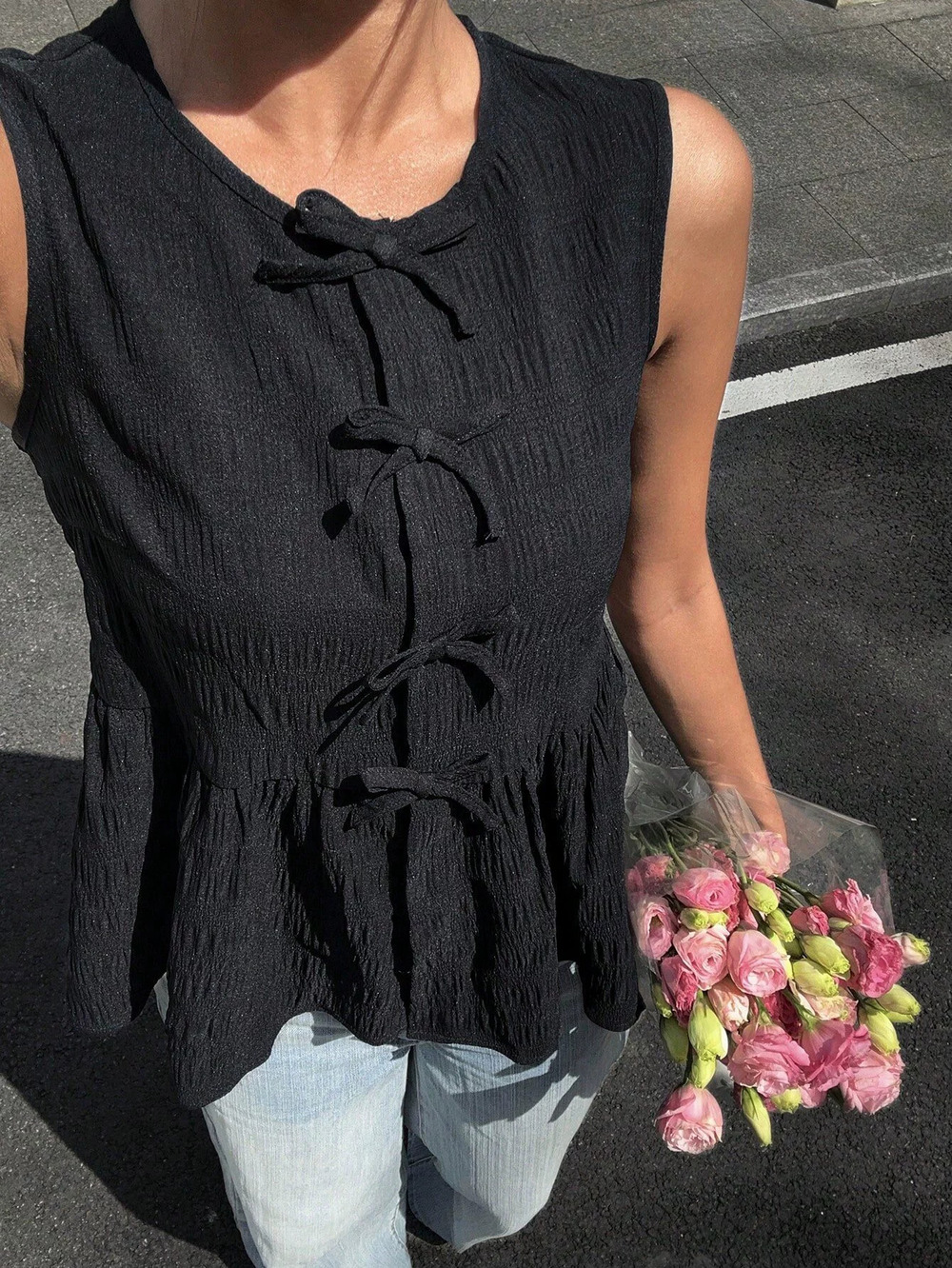 ZARA Summer Bow Sleeveless Top Ruffle Hem Slimming Waist